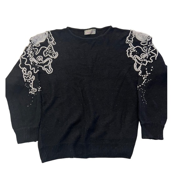 Gladys Bagley Sweaters - Gladys Bagley Vintage Black Knit Sweater Pearl Embellish 80s Glam Pullover